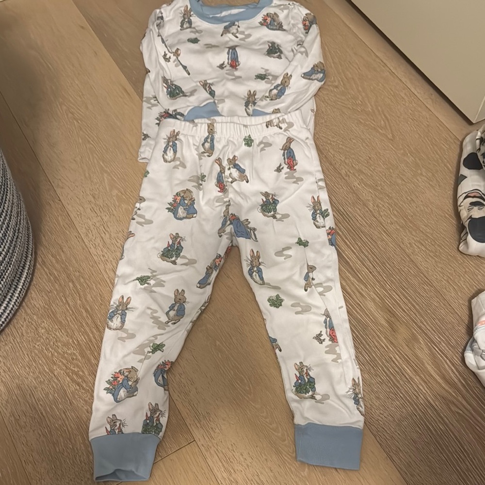 Pottery Barn Kids White and Blue Pajama Set with Playful Dinosaur Print